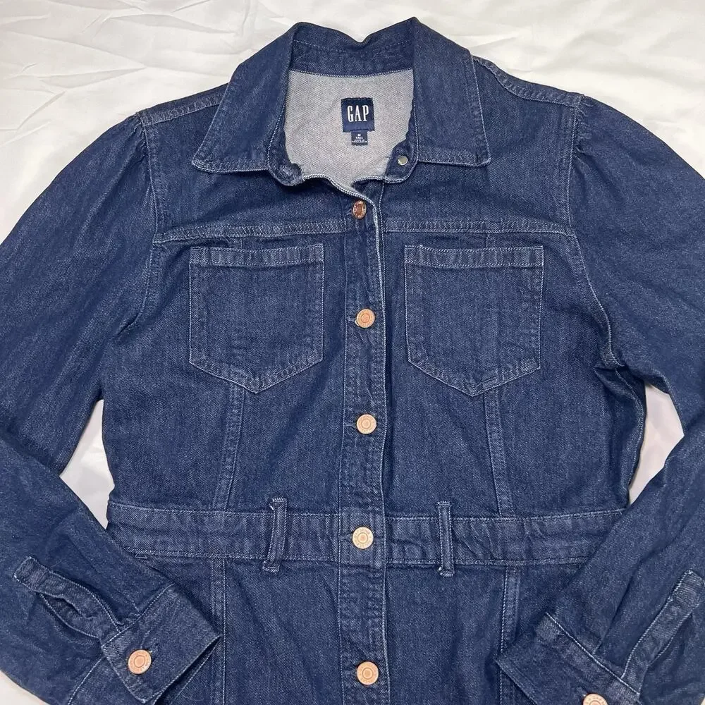 Gap Denim Dress Size M Tall Blue Dark Wash Puff Sleeves Button Pockets Western - Picture 5 of 12